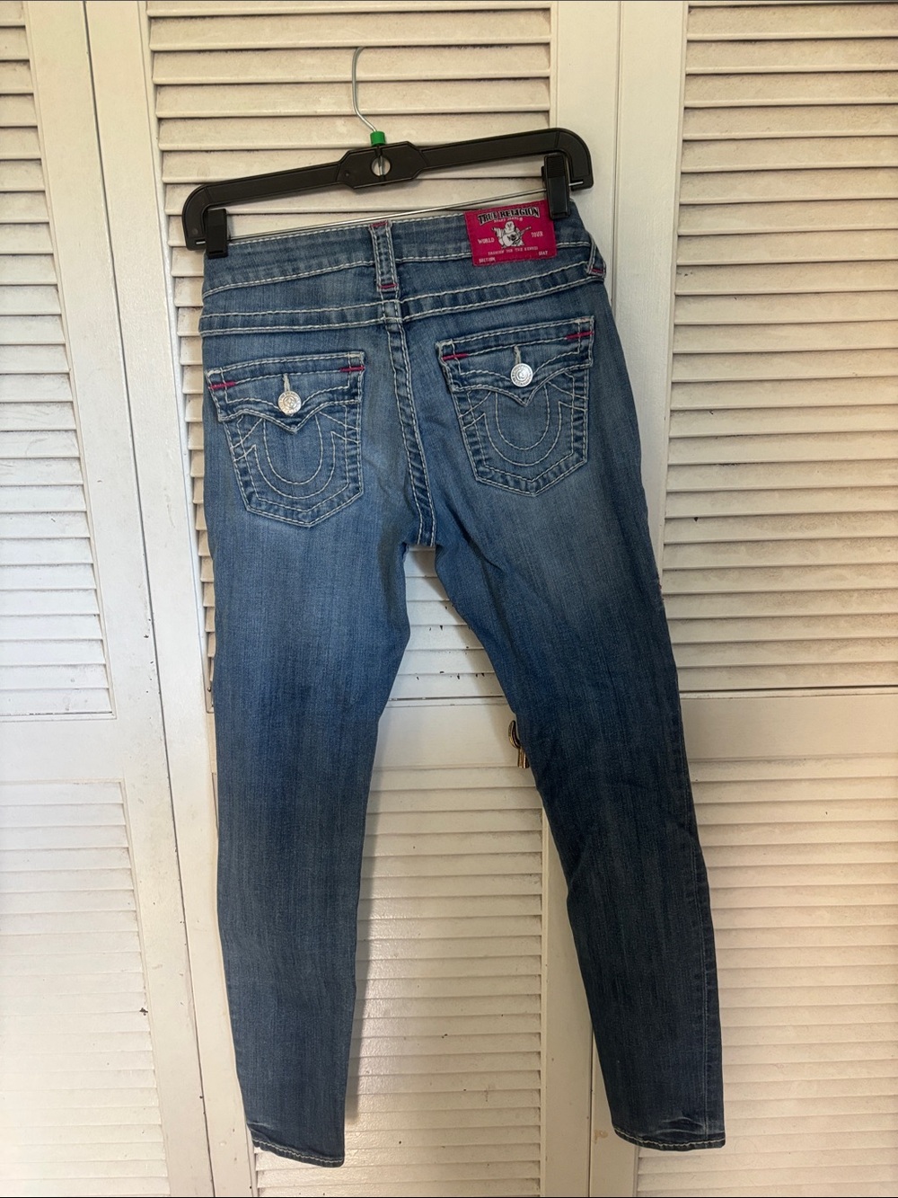 True Religion Skinny Jeans in Medium Blue with Pink Accents